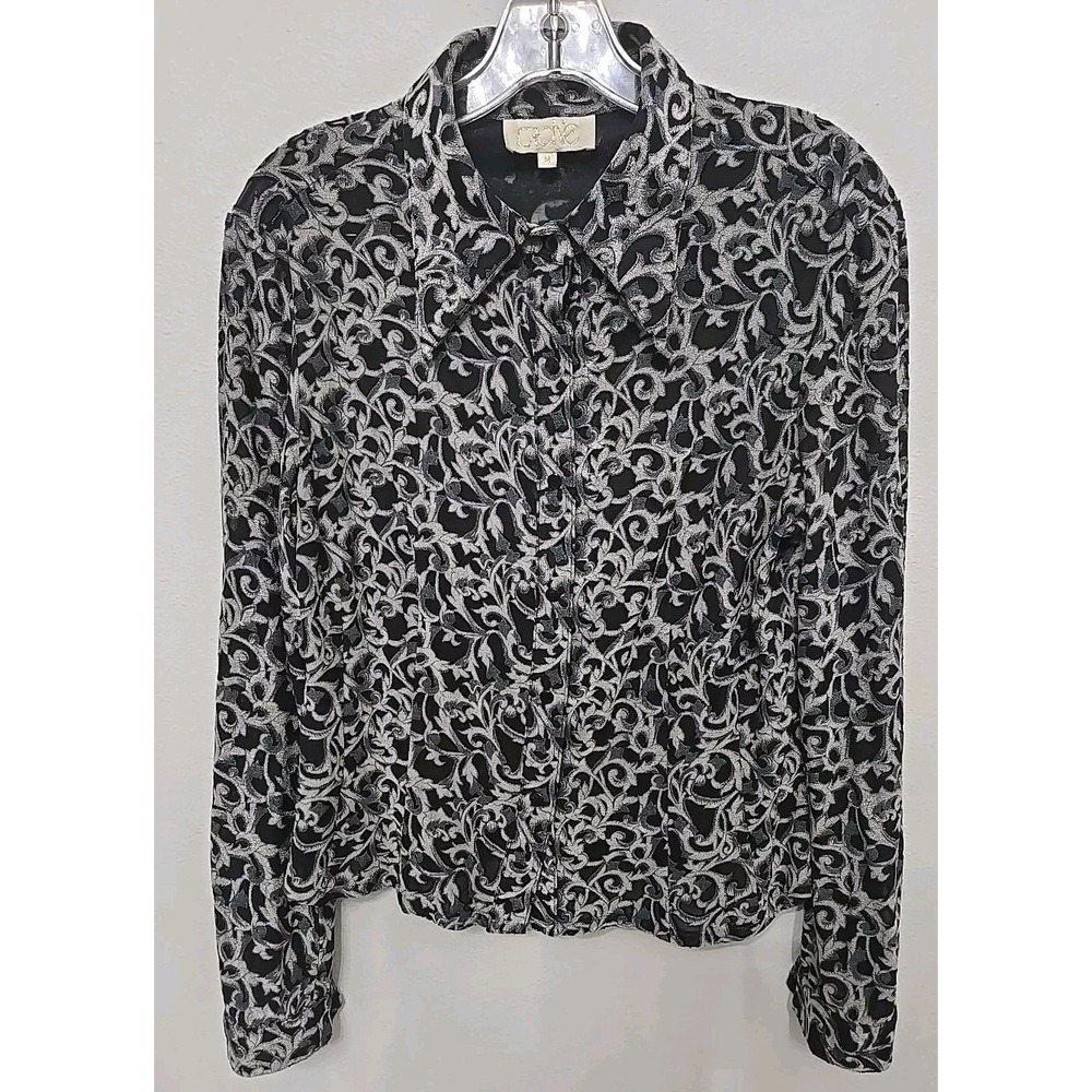 CACHE Black Long Button Down Blouse Rayon Blend‎ Top Size Medium